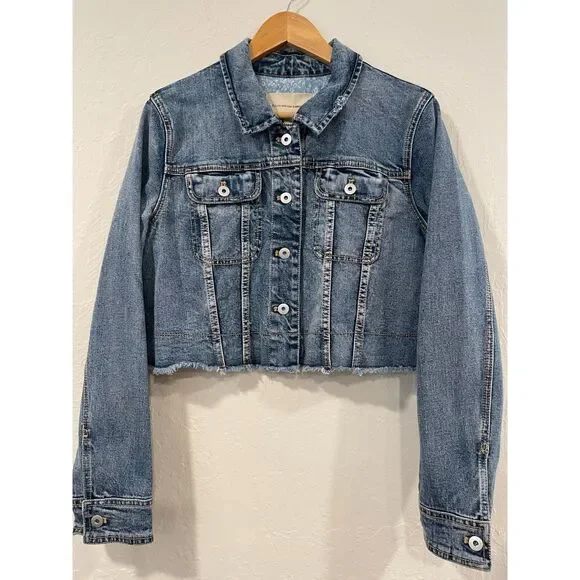~ Pilcro Lg Jean Jacket Cropped Denim Anthropologie Blue Raw Edge Stretch Large - Picture 1 of 14